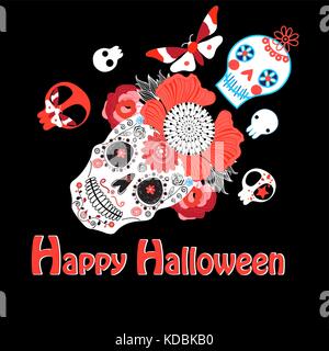 Vector bright greeting card with skulls for Halloween Stock Vector