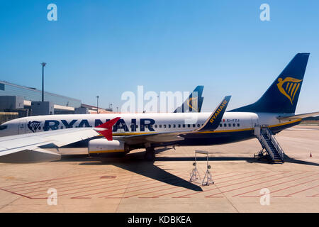 A Ryanair passenger plane at Malaga international airport Pablo Ruiz Picasso. Costa del Sol, Andalusia. Southern Spain Europe Stock Photo
