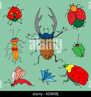 Set of colorful bugs. Drawing of beetles. Insect on the green background. Cartoon bug illustration. Stock Vector