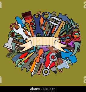 Set of working tools hammers brushes axes wrenches wire cutters pliers. Doodle hand drawing decor Stock Vector