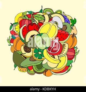 Vector illustration of many fruits, doodle style Stock Vector