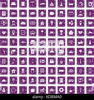 100 hotel icons set grunge purple Stock Vector