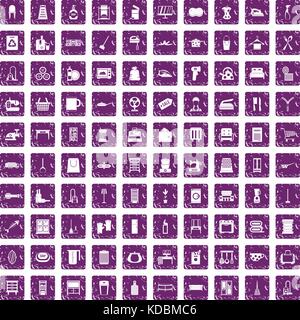100 housework icons set grunge purple Stock Vector