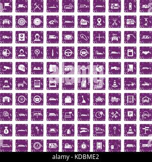 100 auto icons set grunge purple Stock Vector