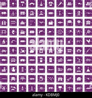 100 industry icons set grunge purple Stock Vector