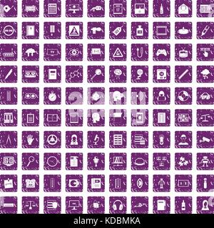 100 information icons set grunge purple Stock Vector