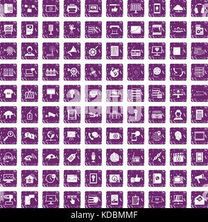 100 information technology icons set grunge purple Stock Vector