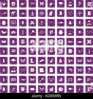 100 insects icons set grunge purple Stock Vector