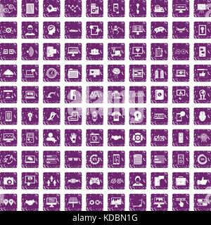 100 interface icons set grunge purple Stock Vector