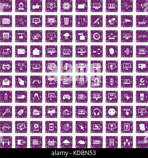 100 internet icons set grunge purple Stock Vector