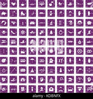 100 joy icons set grunge purple Stock Vector