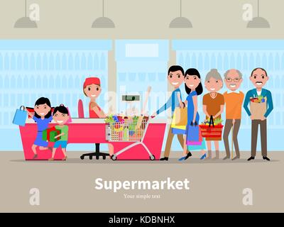 Vector cartoon people doing shopping supermarket Stock Vector