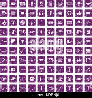 100 karaoke icons set grunge purple Stock Vector