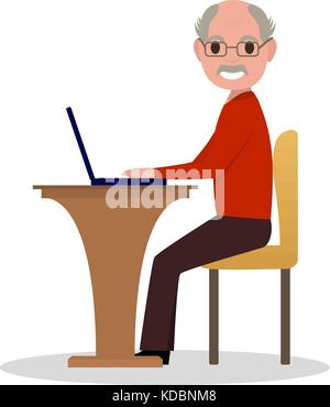 Vector cartoon old man sitting at desk with laptop Stock Vector