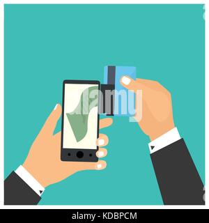 Flat design style vector illustration. Smartphone with processing of mobile payments from credit card. Communication technology concept. Isolated on g Stock Vector