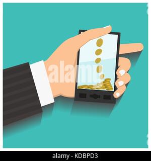 Flat design style vector illustration. Smartphone with processing of mobile payments. Communication technology concept. Isolated on green background Stock Vector