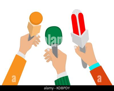 Set of Hands holding a microphone, press conference, vector illustration of a flat icon. Stock Vector
