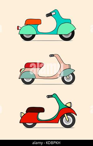 Scooter retro transport vintage motorcycle city travel icon flat set vector illustration Stock Vector