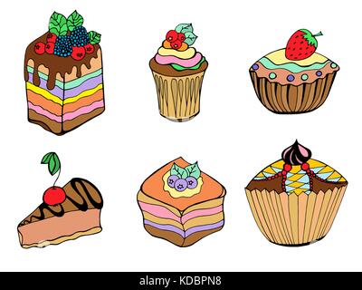 Seamless pattern set of different kinds of pastries, cakes and desserts with cream, berries and fruit. hand drawn vector illustration Stock Vector