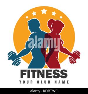 Fitness club logo or emblem with woman and man silhouettes ...