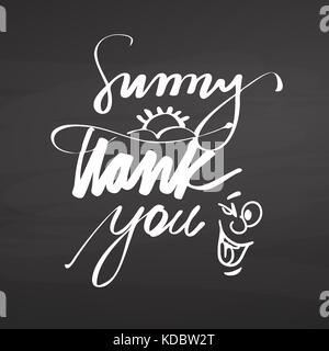 Sunny thank you lettering on chalkboard. Hand drawn healthy food sketch. Black and White Vector Drawing on Blackboard. Stock Photo