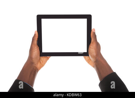 Business Man Holding Digital Tablet On White Background Stock Photo
