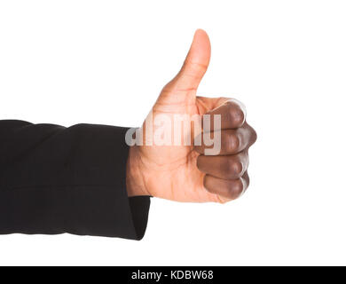 Close-up Of An Businessman's Hand Showing Thumb Up Sign Isolated Over White Background Stock Photo