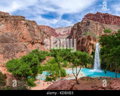 Waterfall near the Havasu Falls Trail in the Havaspai Indian Reservation. Located within the Grand Canyon. Stock Photo