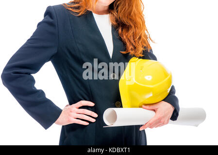 Successful boss architect with drawings and helmet Stock Photo