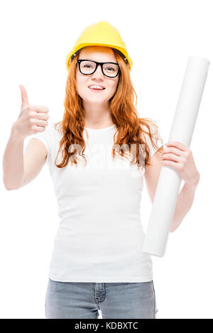 Beautiful red-haired woman with blueprints in yellow helmet isolated Stock Photo