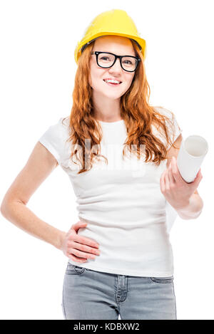 smiling woman in yellow helmet in studio posing Stock Photo