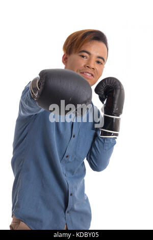 Young businessman is ready for combat. Black man is wearing dark blue social shirt. Isolated. Stock Photo