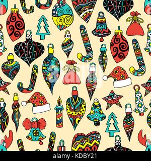 Colored Seamless pattern with christmas hand-drawn decorative elements in vector. Fancy Christmas balls. Pattern for coloring book. Made by trace from Stock Vector