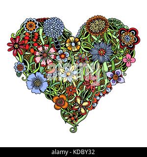 Bright flower heart, psychedelic doodles. Vector illustration, isolated on white Stock Vector