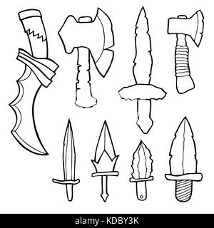 Edged weapons set. Cold steel arms. Collection of military weapons: swords, axes, knives, kunai, shuriken, mace. Vector illustration, Hand drawn, blac Stock Vector