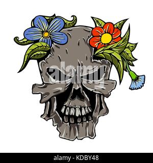 Human terrible skull and flowers. Vector illustration. Hand drawn image Stock Vector