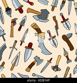 Seamless background with historical arms, objects in cartoon hand drawn style. Vector objects on game weapon theme Stock Vector