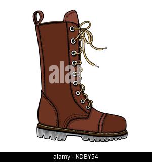 Vector Illustration of woman s brown leather boots with decorative belts and metallic buckles without shoelace on white background Stock Vector