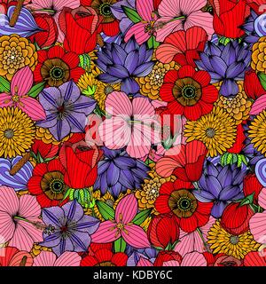 Seamless floral background. Colorful flowers and leafs on black background. Vector illustration. Stock Vector