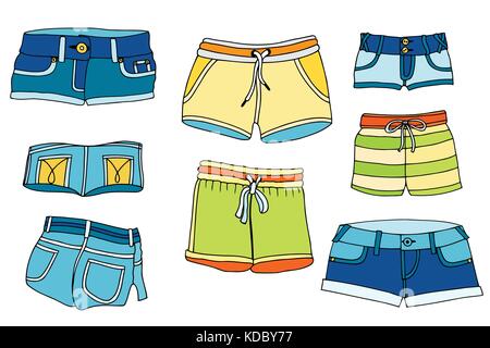 Hand drawn vector Lady fashion accessories on a white background. blue denim shorts vector illustration. denim fashion. Stock Vector