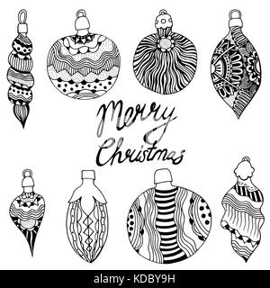 Vector illustration art, Letering Merry Christmas. Set of toys elements. Doodle drawing. Coloring book anti stress for adults. Black white, Stock Vector