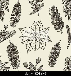 Vector seamless pattern with hand drawn winter plants - poinsettia, mistletoe, holly. Christmas and New Year sketch background. Can be used for textil Stock Vector
