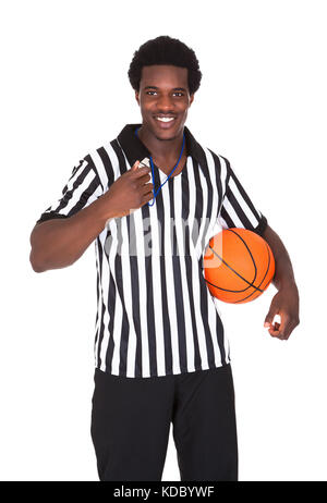 Portrait Of Happy Basketball Referee Isolated Over White Background Stock Photo