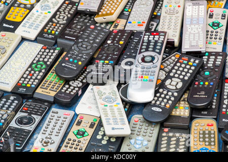 Remote controls for old TV, second hand market. Fuengirola, Málaga province Costa del Sol, Andalusia. Southern Spain Europe Stock Photo