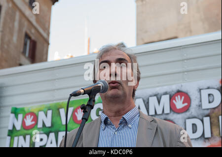 On 11/10/2017 in Piazza della Rotonda at the Pantheon, Rifondazione Comunista party, Italian Left party (SI), Together, Art.1 and Democratic personalities have manifested against the electoral law and the vote of confidence decided by the Government for its approval. Among the participants in the event were former Prime Minister and Secretary of PCI Massimo D'Alema, former secretary of the Democratic Party Pier Luigi Bersani, Nicola Fratoianni secretary of the 'Left Italian Party', Filippo Civati, secretary of 'Possible' movement. Giulio Marcon head of group Sinistra Italiana/ Possibile at the Stock Photo