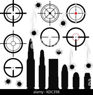 Crosshairs (gun sights), bullet cartridges and bullet holes Stock Vector