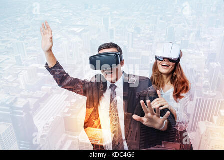 Emotional people making a journey in a virtual reality Stock Photo