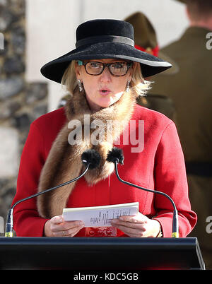 Princess Astrid of Belgium speaks as she attends the New Zealand national commemoration for the Battle of Passchendaele at Tyne Cot Cemetery, Belgium. Stock Photo