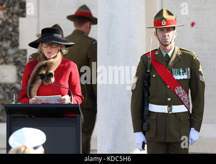 Princess Astrid of Belgium speaks as she attends the New Zealand national commemoration for the Battle of Passchendaele at Tyne Cot Cemetery, Belgium. Stock Photo