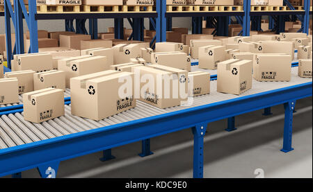 classic conveyor and boxes in warehouse 3d rendering image Stock Photo